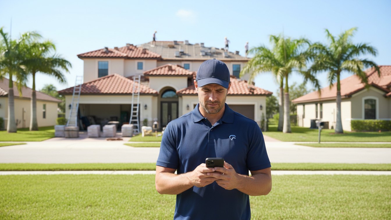 Roofing contractor outside a job searching for his own company on his phone